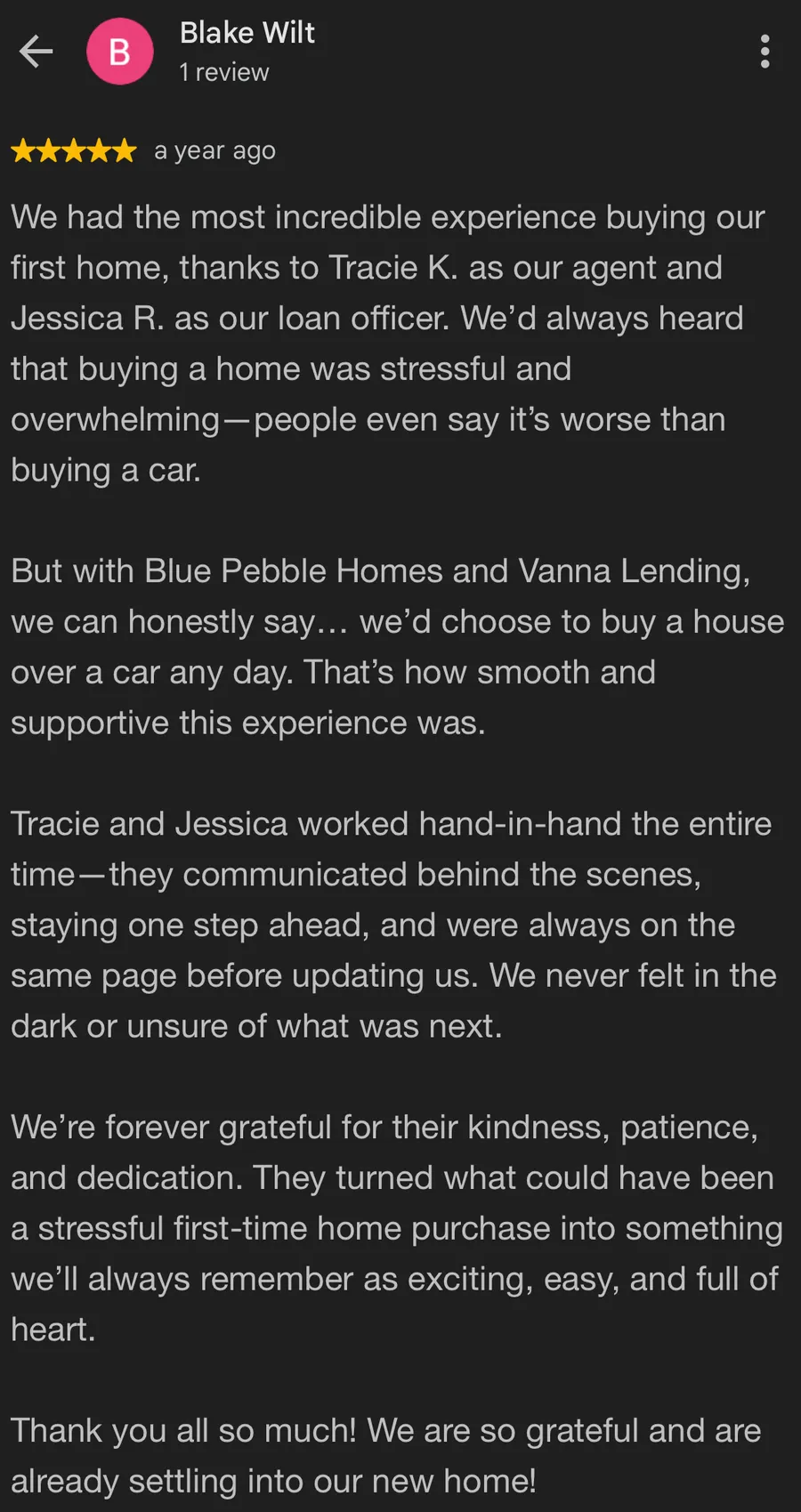 Five-star Google review from Blake Wilt: with Blue Pebble Homes and Vanna Lending we would choose to buy a house over a car any day