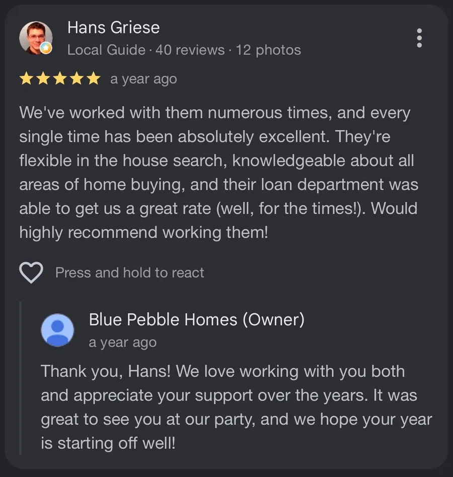 Five-star Google review from repeat client Hans Griese: their loan department was able to get us a great rate