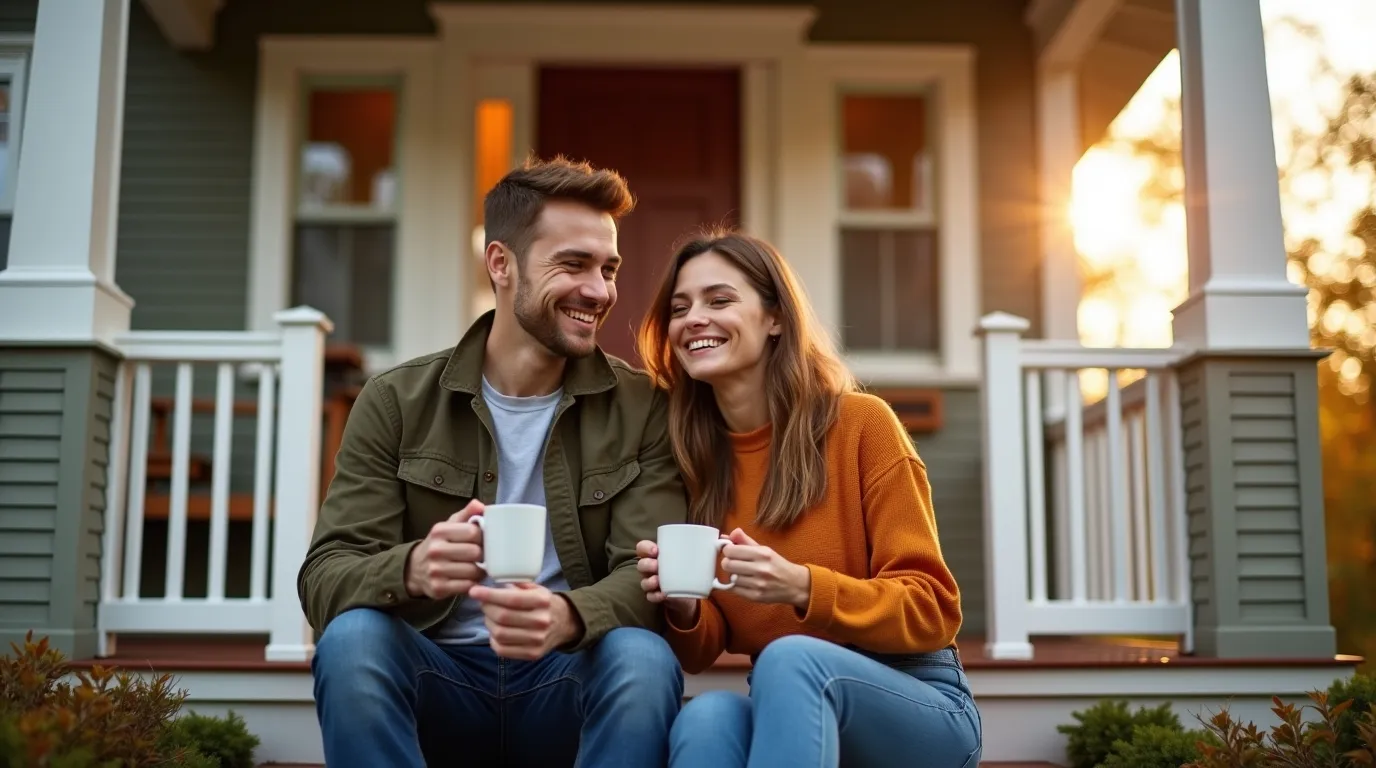 A couple sitting on their front porch steps at sunset
