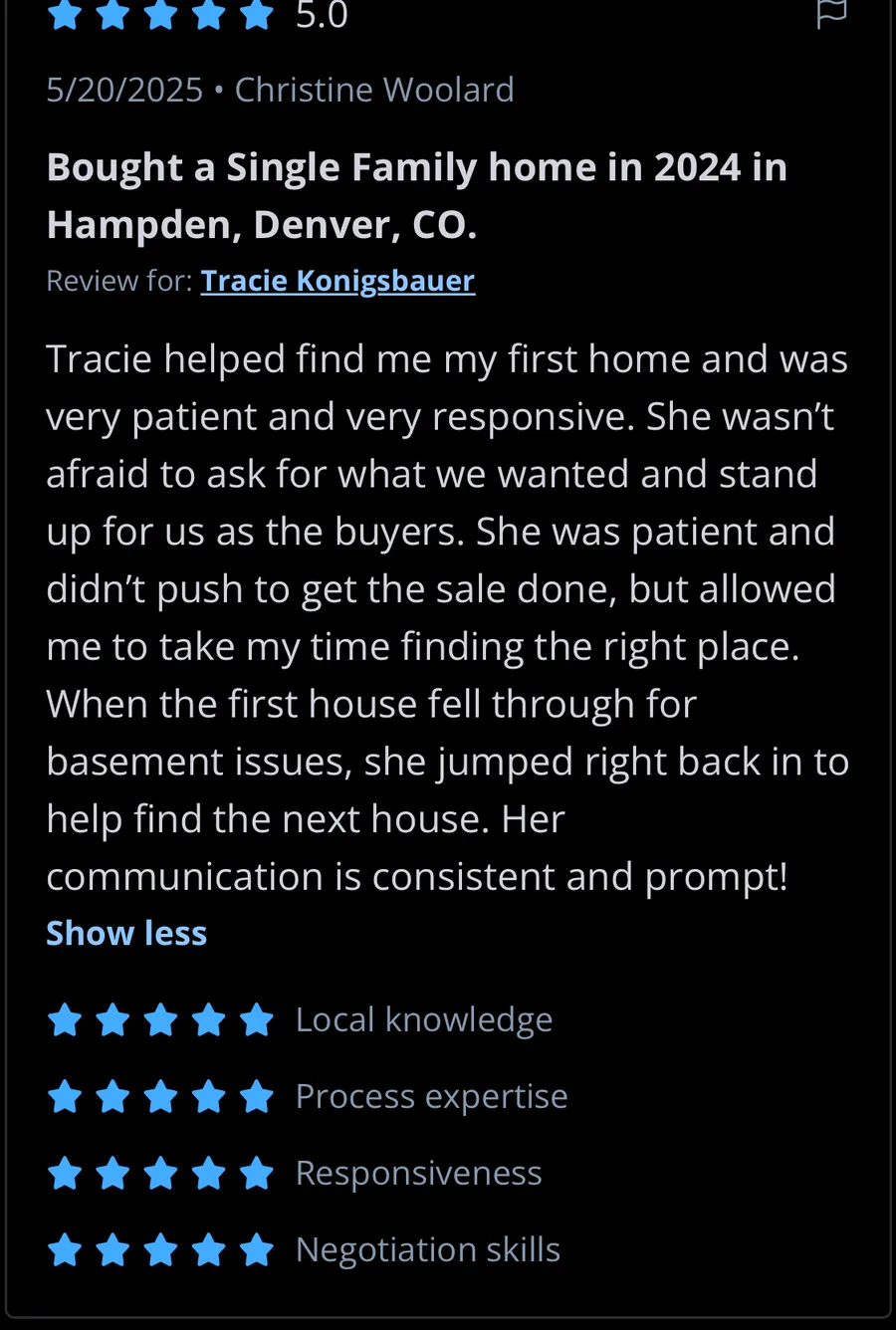 Five-star Zillow review from Christine Woolard about buying her first home
